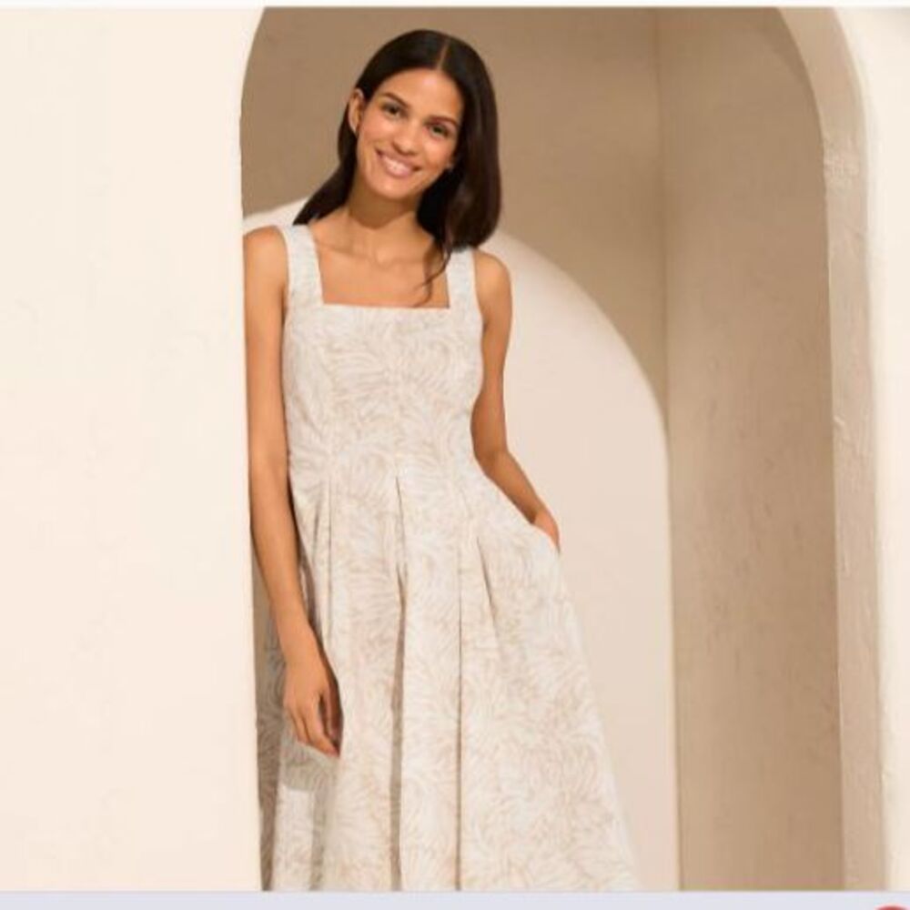 Lands End cotton midi dress 12 p l 12p beige white summer Sundress new 134.95